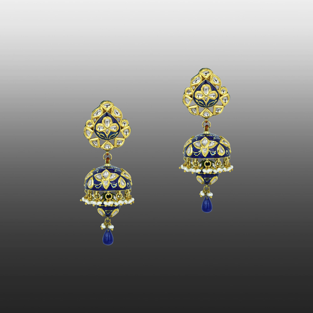 Blue Enamel Polki Jhumkas with Pearl Clusters